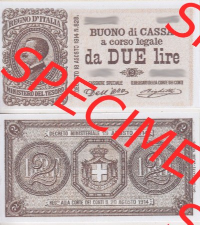 Banknoten Italien 1914-1922, 2 Lire. Vorderseite und Rückseite auf einen Digitalen Bild der Banknoten von Italien 1914-1922,... Sammlung