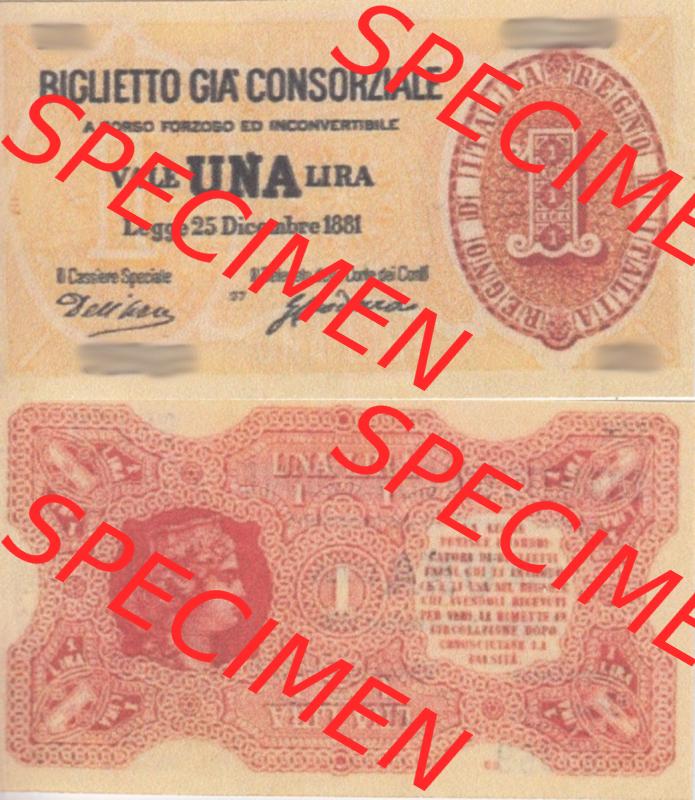 Banknoten Italien 1881-1881, 1 Lira. Vorderseite und Rückseite auf einen Digitalen Bild der Banknoten von Italien 1881, Banknoten aus Satz der Banknoten 1881 aus Italien im online... Sammlung