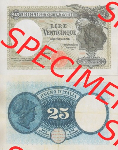 Banknoten Italien 1923-1923, 25 Lire. Vorderseite und Rückseite auf einen Digitalen Bild der Banknoten von Italien 1904-1935,... Sammlung