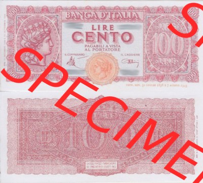 Banknoten Italien 1944-1946, 100 Lire. Vorderseite und Rückseite auf einen Digitalen Bild der Banknoten von Italien 1944, Banknoten... Sammlung