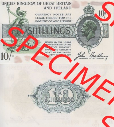 Banknoten England 1918-1918, 10 Schilling - Shillings. Vorderseite und Rückseite auf einen Digitalen Bild der Banknoten von England... Sammlung