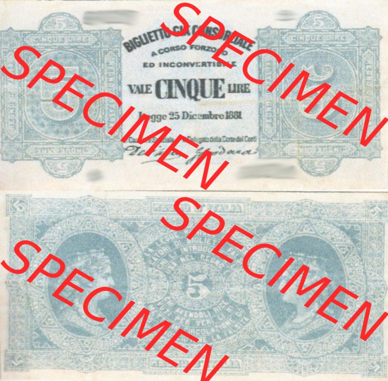 Banknoten Italien 1881-1881, 5 Lire. Vorderseite und Rückseite auf einen Digitalen Bild der Banknoten von Italien 1881, Banknoten aus Satz der Banknoten 1881 aus Italien im online... Sammlung