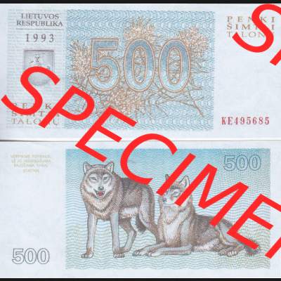 Banknoten Litauen 1993-1993, 500 Talonas Wölfe. Vorderseite und Rückseite auf einen Digitalen Bild der Banknoten von Litauen 1992 und 1993, Banknoten aus Satz der Banknoten... Sammlung