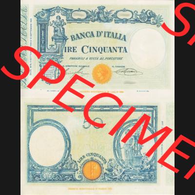 Banknoten Italien 1926-1935, IRE Cinquanta, 50 Lire. Vorderseite und Rückseite auf einen Digitalen Bild der Banknoten von Italien 1926-1942, Banknoten aus Satz der Banknoten... Sammlung