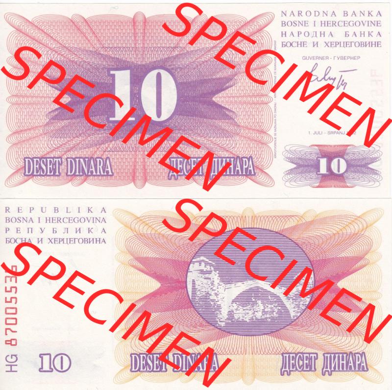 Banknoten Bosnien und Herzegowina 1992, 10 Dinara Deset. Vorderseite und Rückseite auf einen Digitalen Bild der Bosnien und Herzegowina-Banknoten aus Satz der Bosnien und Herzegowina-Banknoten... Sammlung
