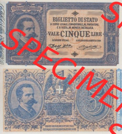 Banknoten Italien 1882-1892, 5 Lire. Vorderseite und Rückseite auf einen Digitalen Bild der Banknoten von Italien 1882-1925,... Sammlung