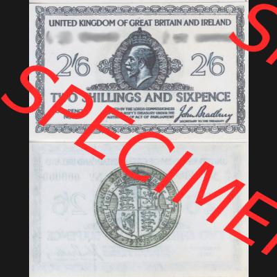Banknoten England 1919-1919, 2 Schilling 6 Pence - Two Shillings Six Pence. Vorderseite und Rückseite auf einen Digitalen Bild der Banknoten von England 1917-1948, Banknoten aus... Sammlung