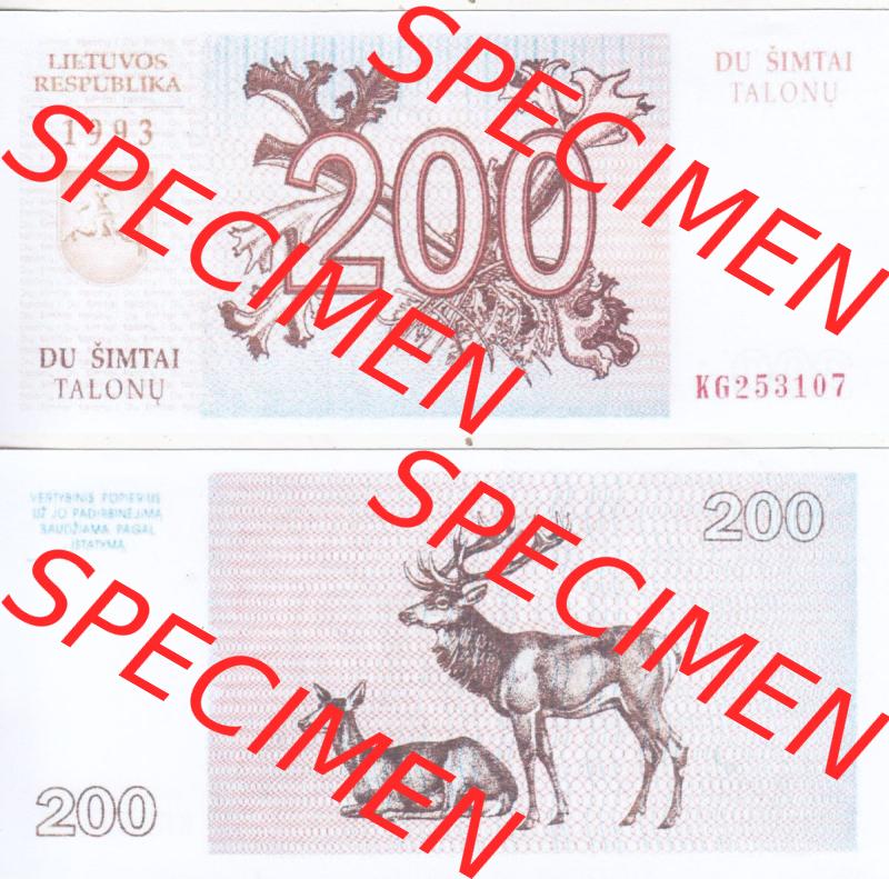 Banknoten Litauen 1993-1993, 200 Talonas Hirsch und Reh. Vorderseite und Rückseite auf einen Digitalen Bild der Banknoten von Litauen 1992 und 1993, Banknoten aus Satz der Banknoten... Sammlung