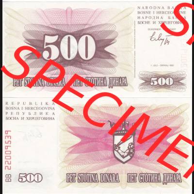 Banknoten Bosnien und Herzegowina 1992, 500 Dinara Pet Stotina. Vorderseite und Rückseite auf einen Digitalen Bild der Bosnien und Herzegowina-Banknoten aus Satz der Bosnien und Herzegowina-Banknoten... Sammlung