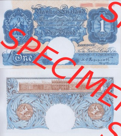 Banknoten England 1940-1948, 1 Pfund -One Pound. Vorderseite und Rückseite auf einen Digitalen Bild der Banknoten von England... Sammlung