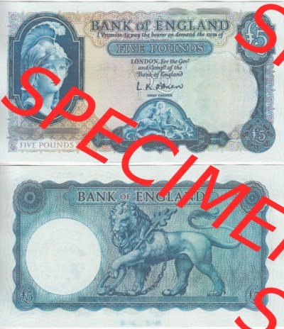 Banknoten England 1961-1963, 5 Pfund - Five Pounds, Nennwert in Schwarz. Vorderseite und Rückseite auf einen Digitalen Bild der... Sammlung