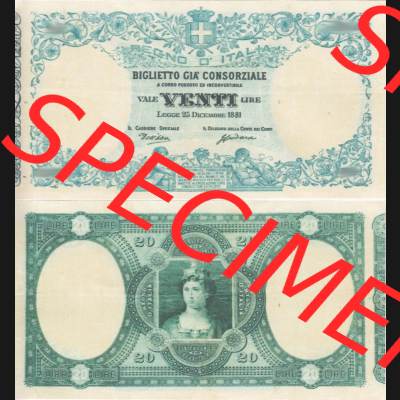 Banknoten Italien 1881-1881, 20 Lire. Vorderseite und Rückseite auf einen Digitalen Bild der Banknoten von Italien 1881, Banknoten aus Satz der Banknoten 1881 aus Italien im online... Sammlung