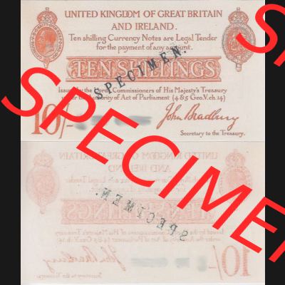 Banknoten England 1915-1915, III. 10 Schilling - Shillings Specimen. Vorderseite und Rückseite auf einen Digitalen Bild der Banknoten von England 1914-1915, Banknoten aus... Sammlung