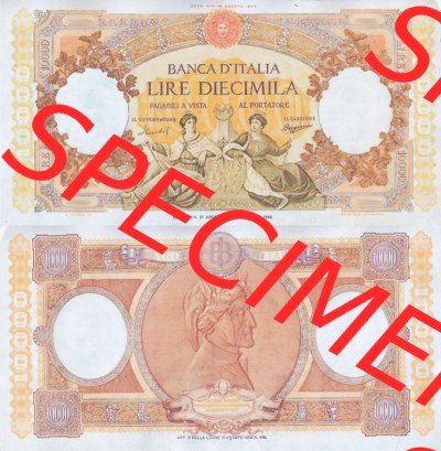 Banknoten Italien 1948-1962, Lire Diecimila, 10000 Lire. Vorderseite und Rückseite auf einen Digitalen Bild der Banknoten von... Sammlung