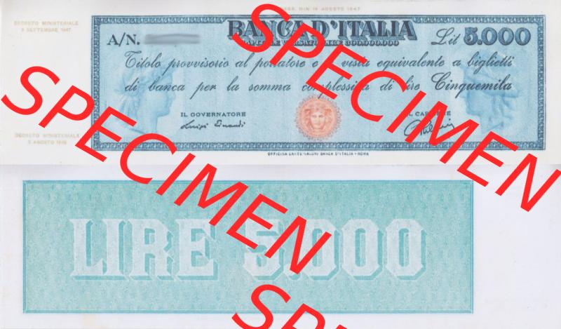 Banknoten Italien 1947-1949, 5000 Lire a. Vorderseite und Rückseite auf einen Digitalen Bild der Banknoten von Italien 1947-1950, Banknoten aus Satz der Banknoten 1947-1950 aus... Sammlung