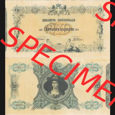 Banknoten Italien 1874-1874, 250 Lire. Vorderseite und Rückseite auf einen Digitalen Bild der Banknoten von Italien 1874, Banknoten aus Satz der Banknoten 1874 aus Italien im online... Sammlung