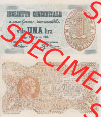 Banknoten Italien 1874-1874, Vale Una LIra, 1 Lira I.. Vorderseite und Rückseite auf einen Digitalen Bild der Banknoten von Italien... Sammlung