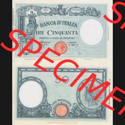 Banknoten Italien 1943-1943, Lire Cinquanta, 50 Lire. Vorderseite und Rückseite auf einen Digitalen Bild der Banknoten von Italien 1942-1943, Banknoten aus Satz der Banknoten... Sammlung
