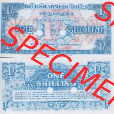 Banknoten Britisches Militär 1956-1956, 1 Schilling, One Shilling 3. Serie. Vorderseite und Rückseite auf einen Digitalen Bild... Sammlung