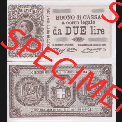 Banknoten Italien 1914-1922, 2 Lire. Vorderseite und Rückseite auf einen Digitalen Bild der Banknoten von Italien 1914-1922, Banknoten aus Satz der Banknoten 1914-1922 aus Italien... Sammlung