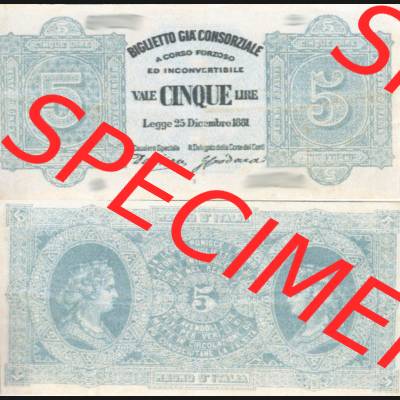 Banknoten Italien 1881-1881, 5 Lire. Vorderseite und Rückseite auf einen Digitalen Bild der Banknoten von Italien 1881, Banknoten aus Satz der Banknoten 1881 aus Italien im online... Sammlung