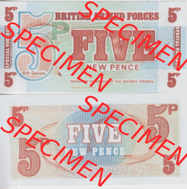 Banknoten Britisches Militär 1972-1972, 5 New Pence TDLR. Vorderseite und Rückseite auf einen Digitalen Bild der Banknoten vom Britisches Militär 1972. Banknoten aus... Sammlung