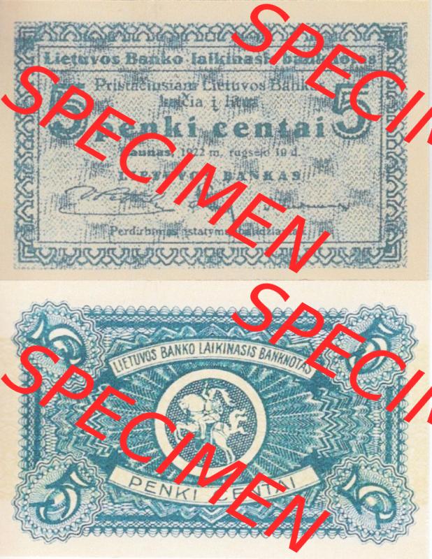 Banknoten Litauen 1922-1922, 5 penki centai. Vorderseite und Rückseite auf einen Digitalen Bild der Banknoten von Litauen 1922, Banknoten aus Satz der Banknoten Litauen 1922 im... Sammlung