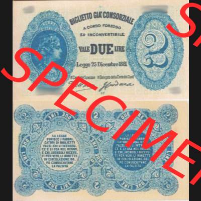 Banknoten Italien 1881-1881, 2 Lire. Vorderseite und Rückseite auf einen Digitalen Bild der Banknoten von Italien 1881, Banknoten aus Satz der Banknoten 1881 aus Italien im online... Sammlung