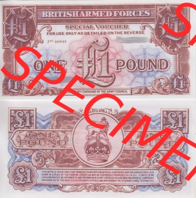 Banknoten Britisches Militär 1956-1956, 1 Pfund, One Pound 3. Serie. Vorderseite und Rückseite auf einen Digitalen Bild der... Sammlung