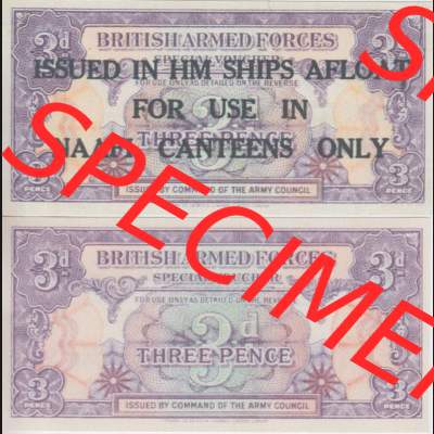 Banknoten Britisches Militär 1946-1946, 3 Three Pence II.. Vorderseite und Rückseite auf einen Digitalen Bild der Banknoten vom Britisches Militär 1946. Banknoten... Sammlung