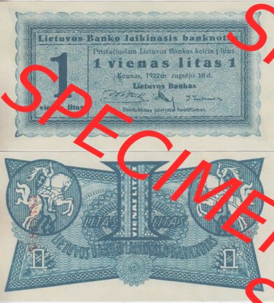 Banknoten Litauen 1922-1922, 1 vienas litas. Vorderseite und Rückseite auf einen Digitalen Bild der Banknoten von Litauen 1922,... Sammlung
