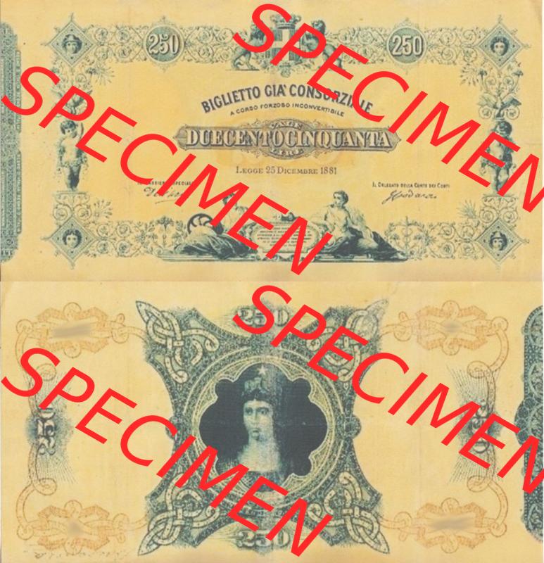 Banknoten Italien 1881-1881, 250 Lire. Vorderseite und Rückseite auf einen Digitalen Bild der Banknoten von Italien 1881, Banknoten aus Satz der Banknoten 1881 aus Italien im online... Sammlung