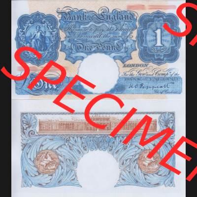 Banknoten England 1940-1948, 1 Pfund -One Pound. Vorderseite und Rückseite auf einen Digitalen Bild der Banknoten von England 1917-1948, Banknoten aus Satz der Englischen Banknoten... Sammlung