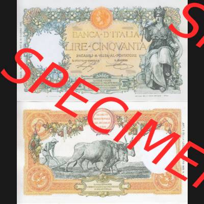 Banknoten Italien 1915-1920, Ciquvanta, 50 Lire. Vorderseite und Rückseite auf einen Digitalen Bild der Banknoten von Italien 1896-1926, Banknoten aus Satz der Banknoten 1896-1926... Sammlung