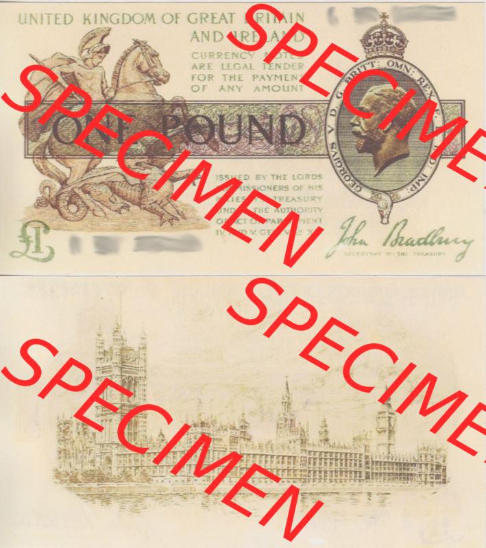 Banknoten England 1917-1917, 1 Pfund - Pound. Vorderseite und Rückseite auf einen Digitalen Bild der Banknoten von England 1917-1948, Banknoten aus Satz der Englischen Banknoten... Sammlung