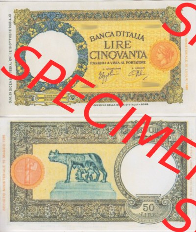 Banknoten Italien 1933-1940, Cinqvanta, 50 Lire III.. Vorderseite und Rückseite auf einen Digitalen Bild der Banknoten von Italien... Sammlung