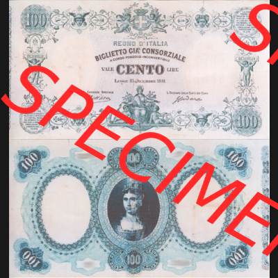 Banknoten Italien 1881-1881, 100 Lire. Vorderseite und Rückseite auf einen Digitalen Bild der Banknoten von Italien 1881, Banknoten aus Satz der Banknoten 1881 aus Italien im online... Sammlung