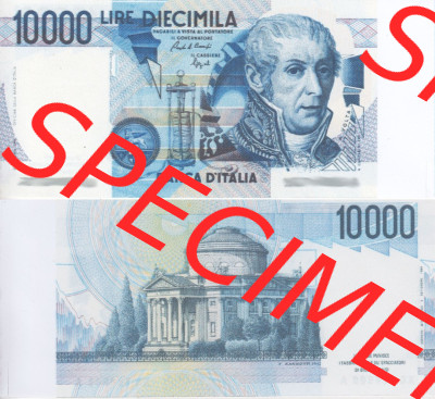 Banknoten Italien 1984-1984, 10000 Lire. Vorderseite und Rückseite auf einen Digitalen Bild der Banknoten von Italien 1982-1997,... Sammlung