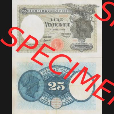 Banknoten Italien 1923-1923, 25 Lire. Vorderseite und Rückseite auf einen Digitalen Bild der Banknoten von Italien 1904-1935, Banknoten aus Satz der Banknoten 1904-1935 aus Italien... Sammlung