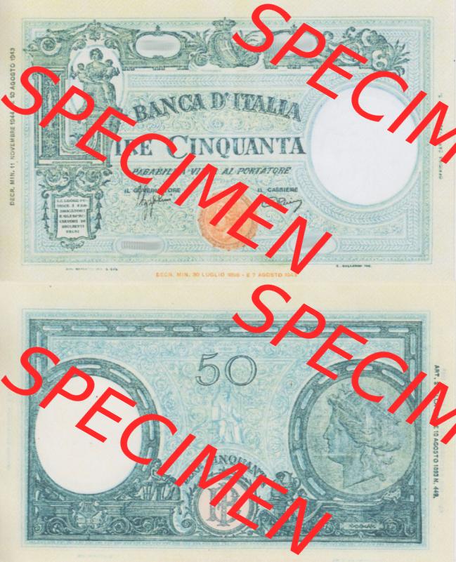 Banknoten Italien 1943-1943, Lire Cinquanta, 50 Lire II.. Vorderseite und Rückseite auf einen Digitalen Bild der Banknoten von Italien 1942-1943, Banknoten aus Satz... Sammlung