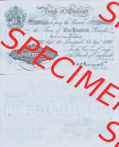 Banknoten England 1934-1943, 100 Pfund - Pounds. Vorderseite und Rückseite auf einen Digitalen Bild der Banknoten von England... Sammlung