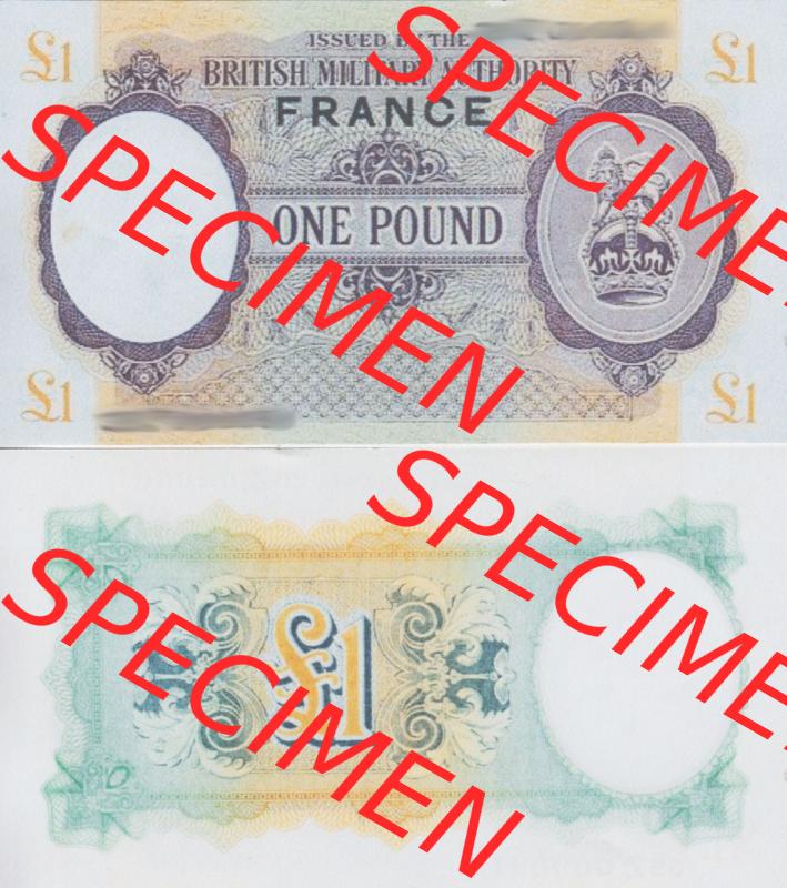 Banknoten Britisches Militär 1943-1945, 1 Pfund - 1 Pound Frankreich. Vorderseite und Rückseite auf einen Digitalen Bild der Banknoten vom Britisches Militär 1943-1945.... Sammlung