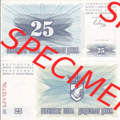 Banknoten Bosnien und Herzegowina 1992, 25 Dinara Dvadesetpet. Vorderseite und Rückseite auf einen Digitalen Bild der Bosnien und Herzegowina-Banknoten aus Satz der Bosnien und Herzegowina-Banknoten... Sammlung