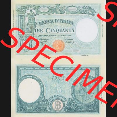 Banknoten Italien 1943-1943, Lire Cinquanta, 50 Lire II.. Vorderseite und Rückseite auf einen Digitalen Bild der Banknoten von Italien 1942-1943, Banknoten aus Satz... Sammlung