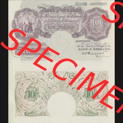 Banknoten England 1940-1948, 10 Schilling, Ten Shillings. Vorderseite und Rückseite auf einen Digitalen Bild der Banknoten von England 1917-1948, Banknoten aus Satz der Englischen... Sammlung