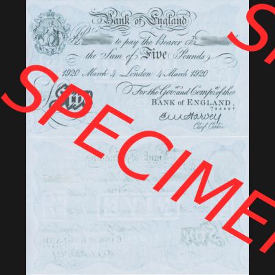 Banknoten England 1918-1925, 5 Pfund - Pounds. Vorderseite und Rückseite auf einen Digitalen Bild der Banknoten von England 1917-1948, Banknoten aus Satz der Englischen Banknoten... Sammlung
