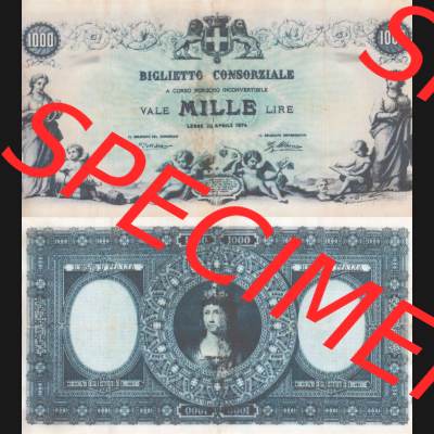 Banknoten Italien 1874-1874, 1000 Lire. Vorderseite und Rückseite auf einen Digitalen Bild der Banknoten von Italien 1874, Banknoten aus Satz der Banknoten 1874 aus Italien im online... Sammlung