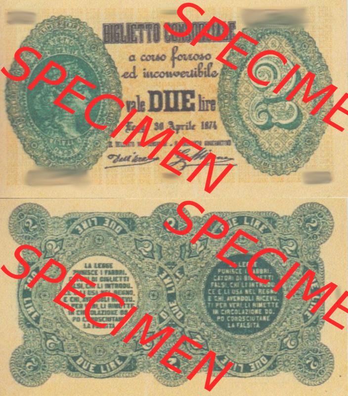 Banknoten Italien 1874-1874, vale DUE Lire, 2 Lire II.. Vorderseite und Rückseite auf einen Digitalen Bild der Banknoten von Italien 1874, Banknoten aus Satz der Banknoten... Sammlung