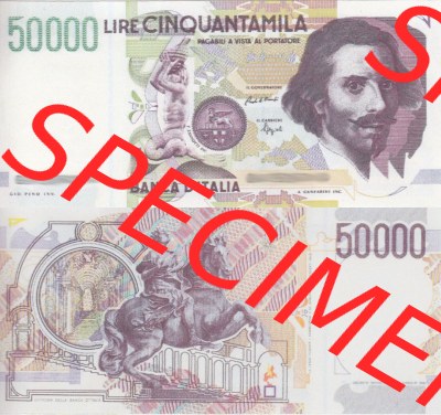 Banknoten Italien 1984-1984, 50000 Lire I.. Vorderseite und Rückseite auf einen Digitalen Bild der Banknoten von Italien 1982-1997,... Sammlung