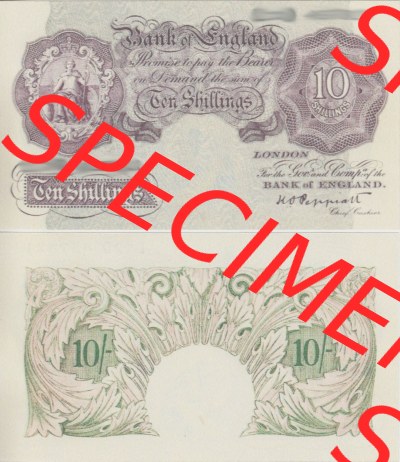 Banknoten England 1940-1948, 10 Schilling, Ten Shillings. Vorderseite und Rückseite auf einen Digitalen Bild der Banknoten von... Sammlung